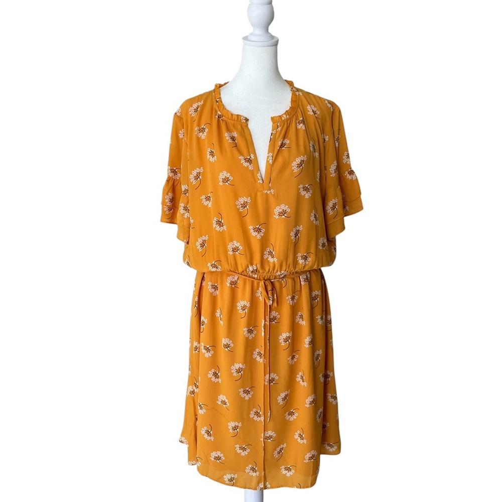 Mustard Yellow Floral Ruffle Sleeve Drawstring Waist Mini Dress XL - Picture 2 of 9